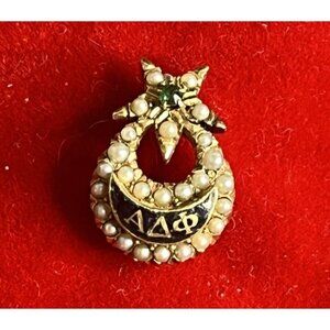 Vintage 14K Gold Alpha Delta Phi Sorority Badge Pin Seed Pearls Emerald
